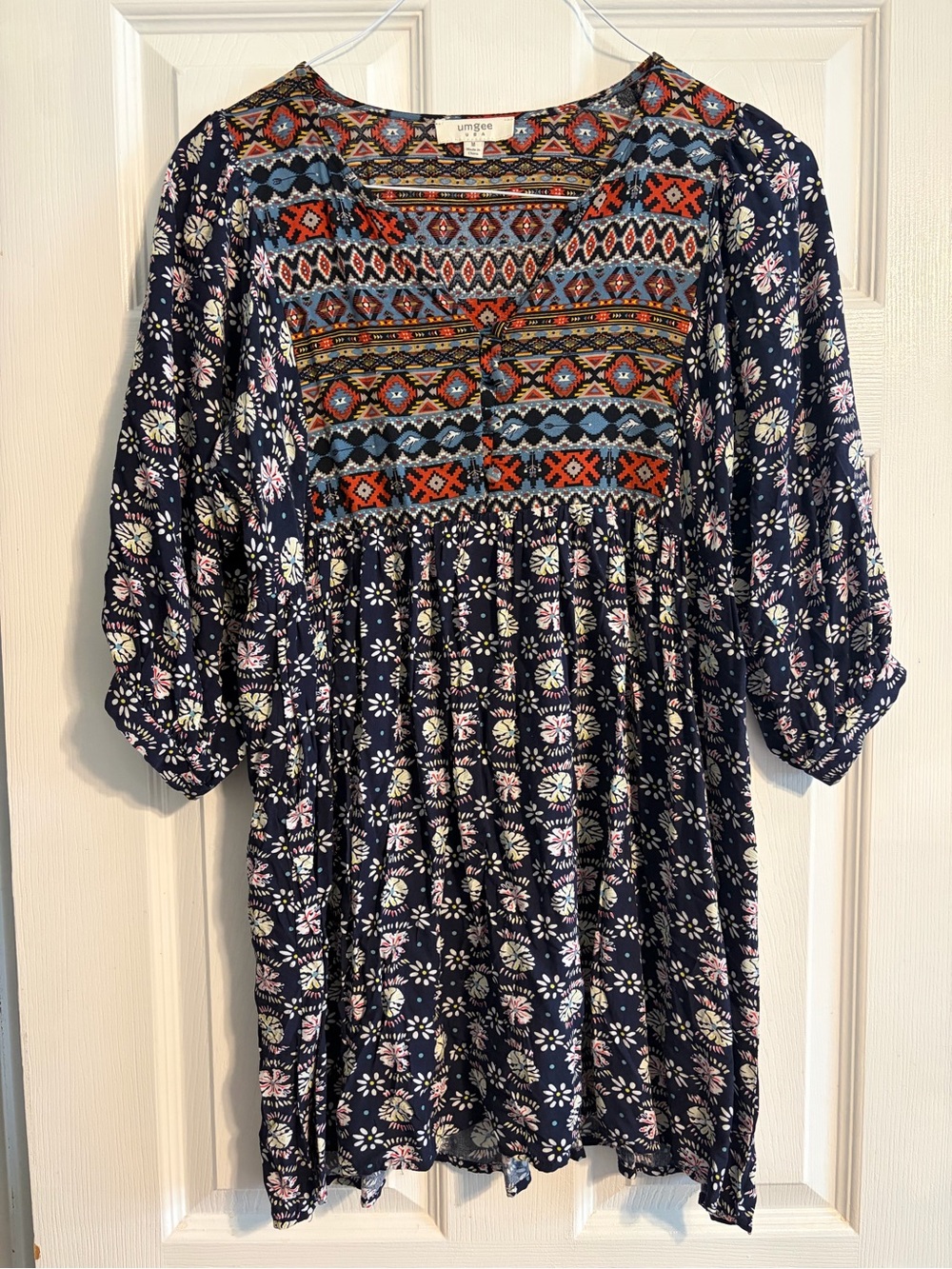 Umgee Boho Aztec Floral Tunic Dress Medium Navy Blue Geometric Babydoll Mini